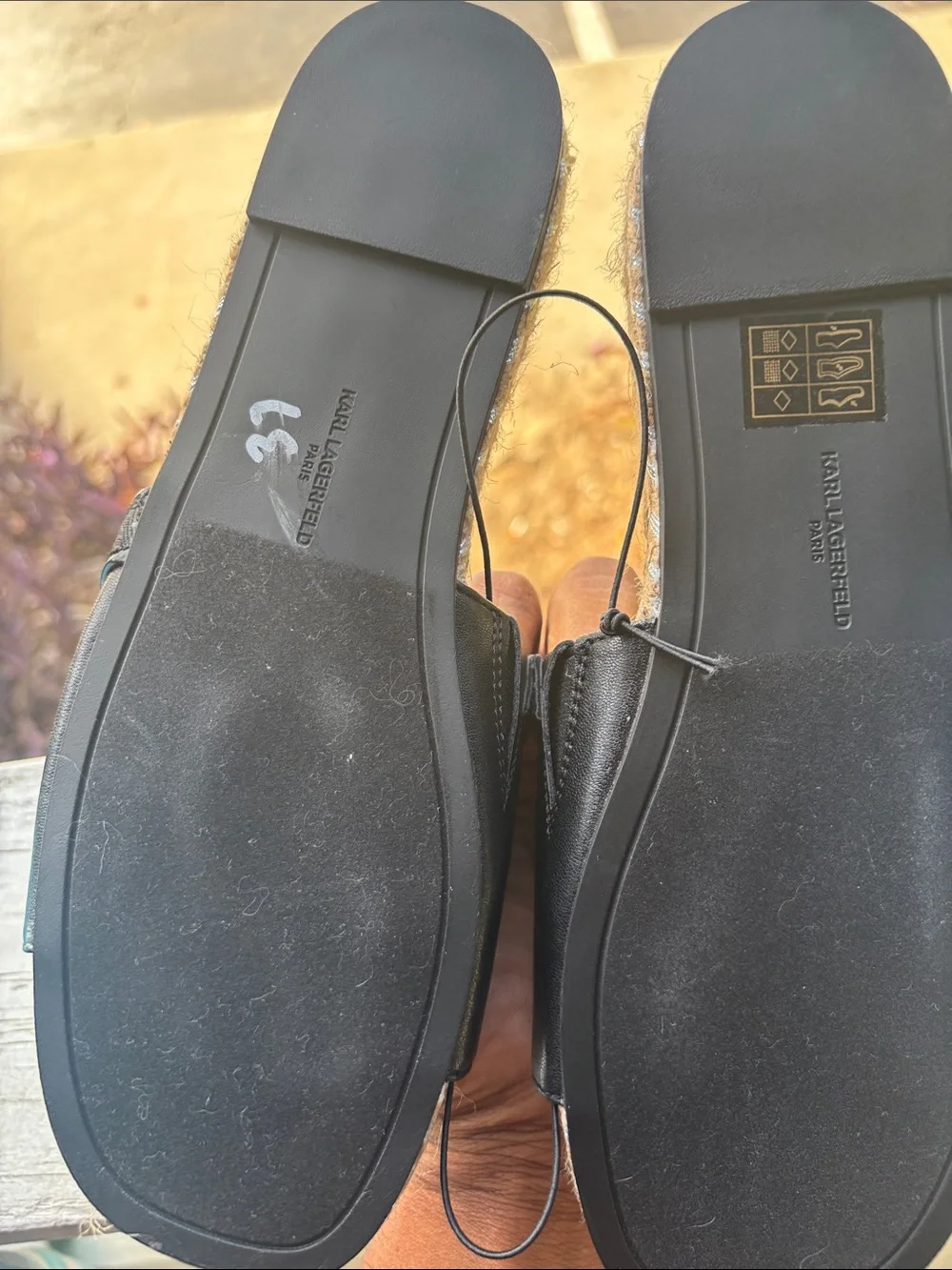 Karl Lagerfeld Black and Tan Espadrille Slide Sandals